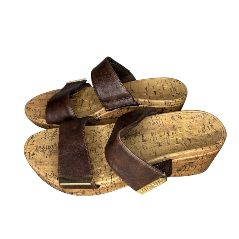 Vionic Pepper Wedge Metallic Brown Slip On Cork Leather Sandals